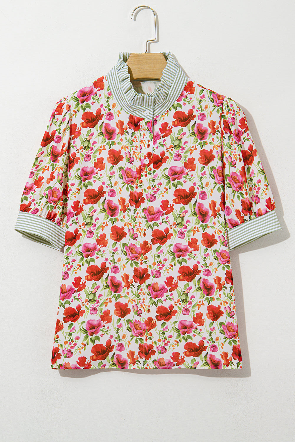 Red Floral Print Striped Patchwork Collared Short Sleeve Blouse-Tops/Blouses & Shirts-[Adult]-[Female]-2022 Online Blue Zone Planet