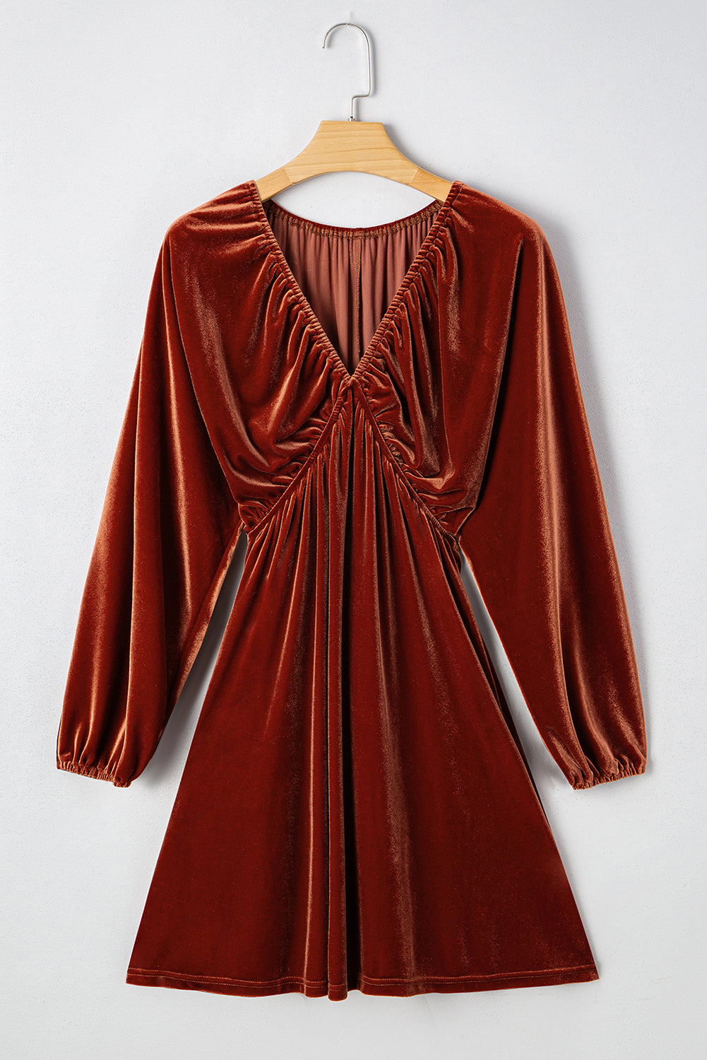 Clay Elastic V Neck Puff Sleeve Flowy Velvet Dress
