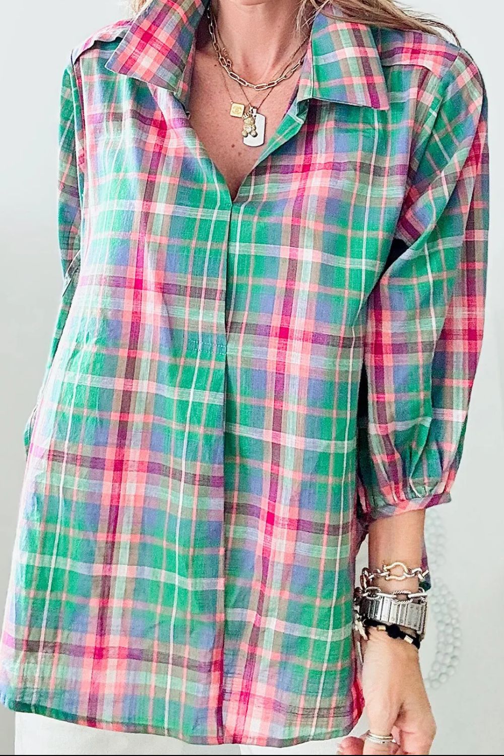 Plaid Collared Neck Three-Quarter Sleeve Blouse-TOPS / DRESSES-[Adult]-[Female]-2022 Online Blue Zone Planet