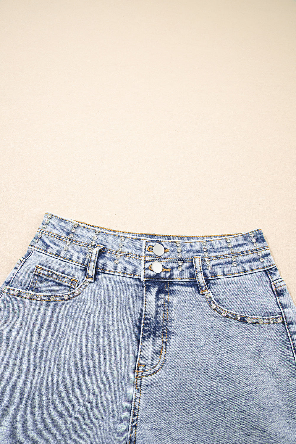 Beau Blue Rhinestone Light Wash Raw Hem High Waist Denim Shorts-Bottoms/Denim Shorts-[Adult]-[Female]-2022 Online Blue Zone Planet