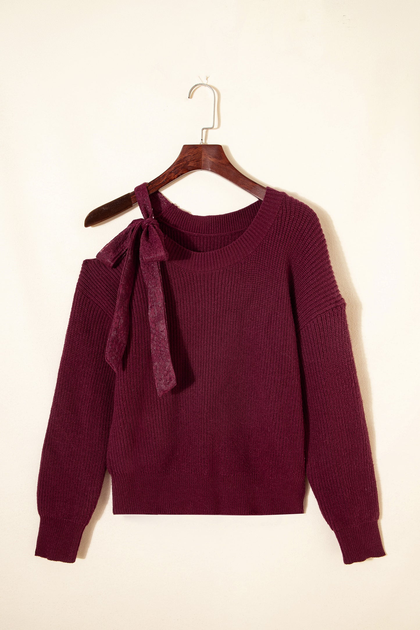 Burgundy Lace Bowknot Asymmetric Neck Sweater-TOPS / DRESSES-[Adult]-[Female]-2022 Online Blue Zone Planet