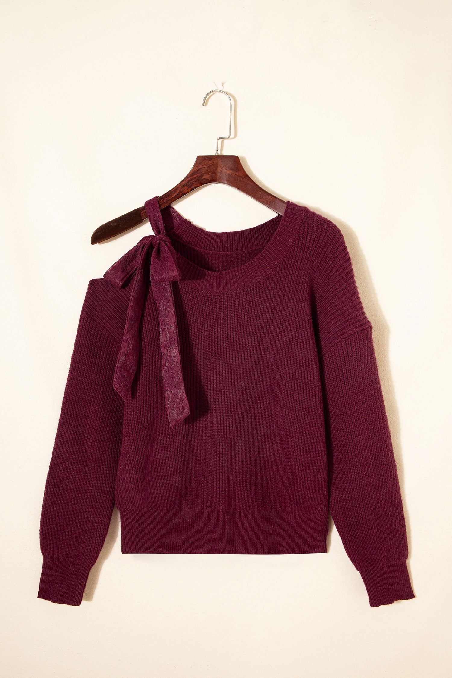 Burgundy Lace Bowknot Asymmetric Neck Sweater-TOPS / DRESSES-[Adult]-[Female]-2022 Online Blue Zone Planet