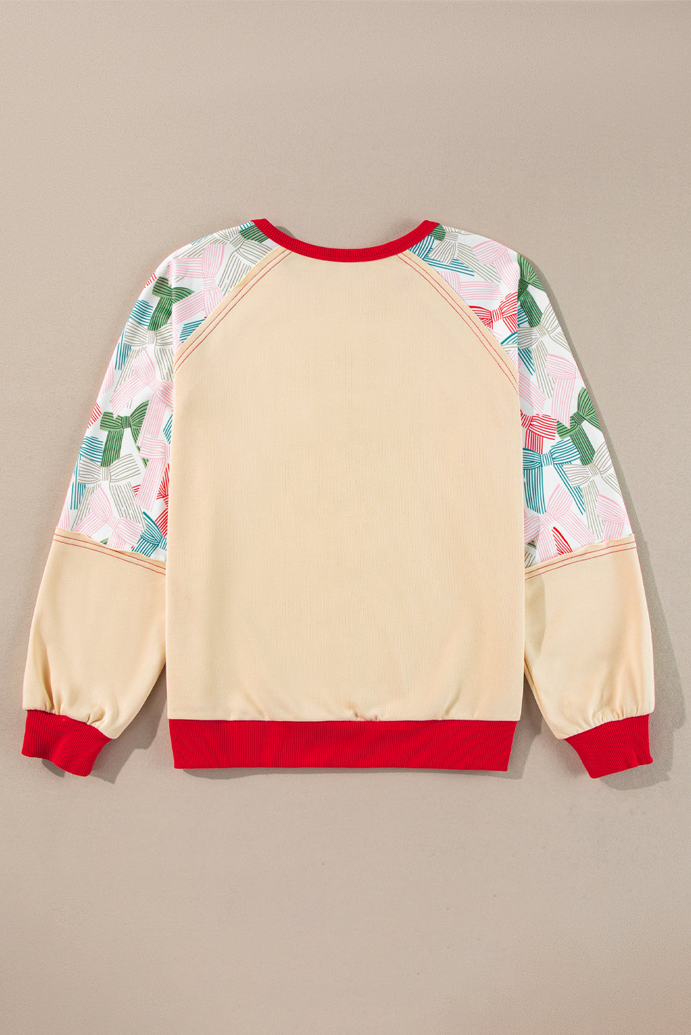 Blue Zone Planet | Beige Bowknot Print Patchwork Raglan Sleeve Top-Long Sleeve Tops-[Adult]-[Female]-2022 Online Blue Zone Planet