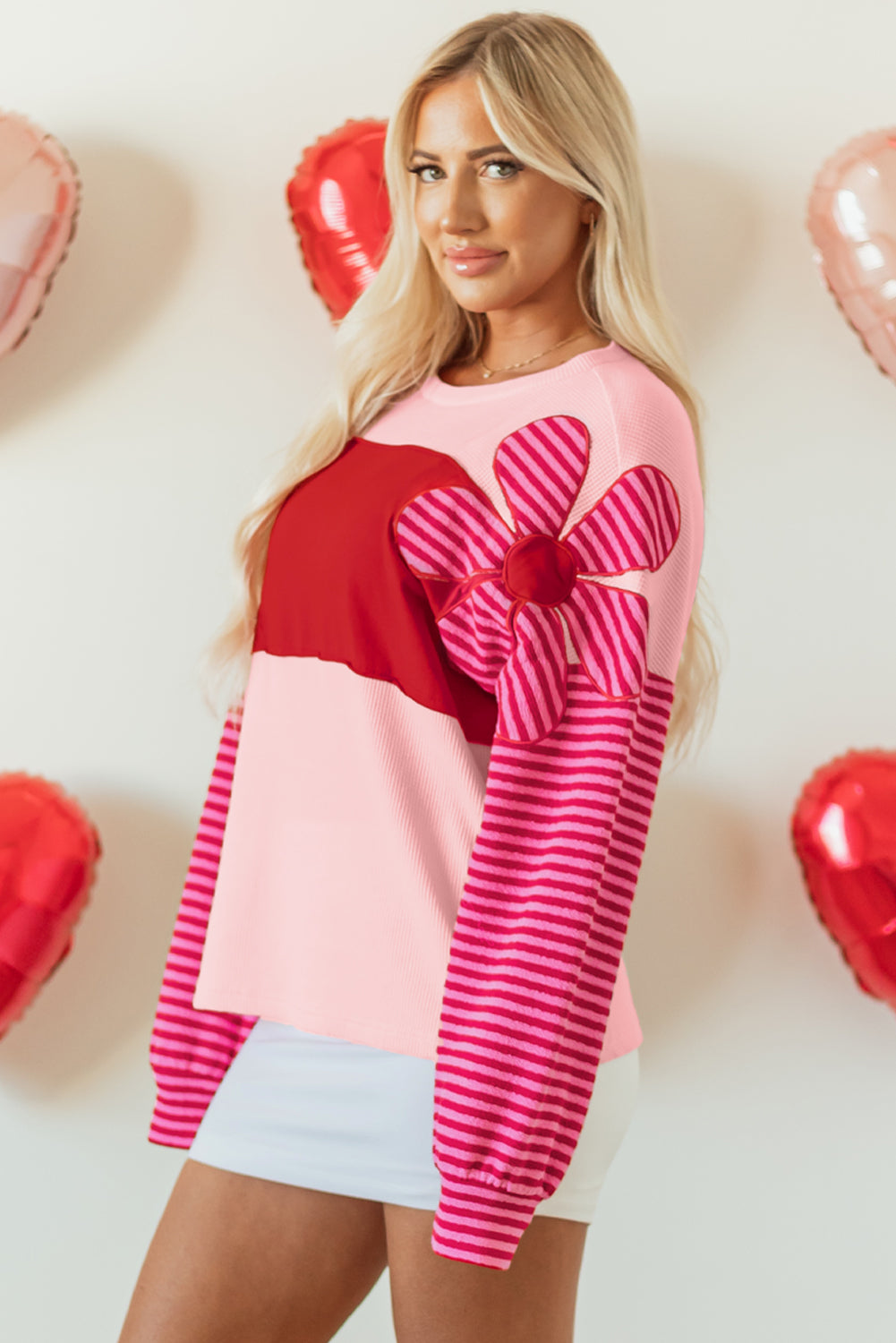 Blue Zone Planet | Pink Floral Patch Color Block Striped Sleeve Textured Top-Tops/Long Sleeve Tops-[Adult]-[Female]-2022 Online Blue Zone Planet