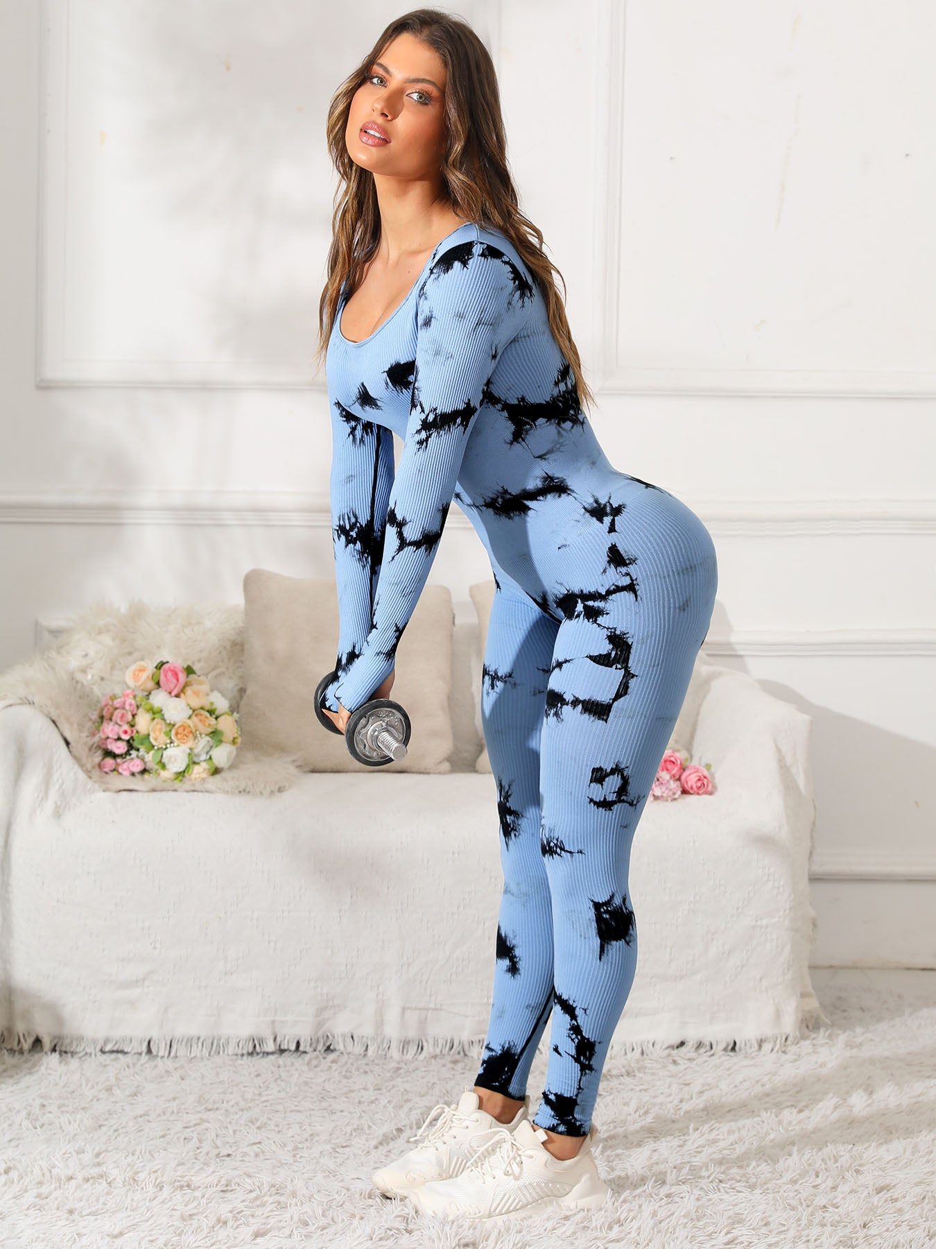 Scoop Neck Long Sleeve Active Jumpsuit-TOPS / DRESSES-[Adult]-[Female]-Light Blue-S-2022 Online Blue Zone Planet