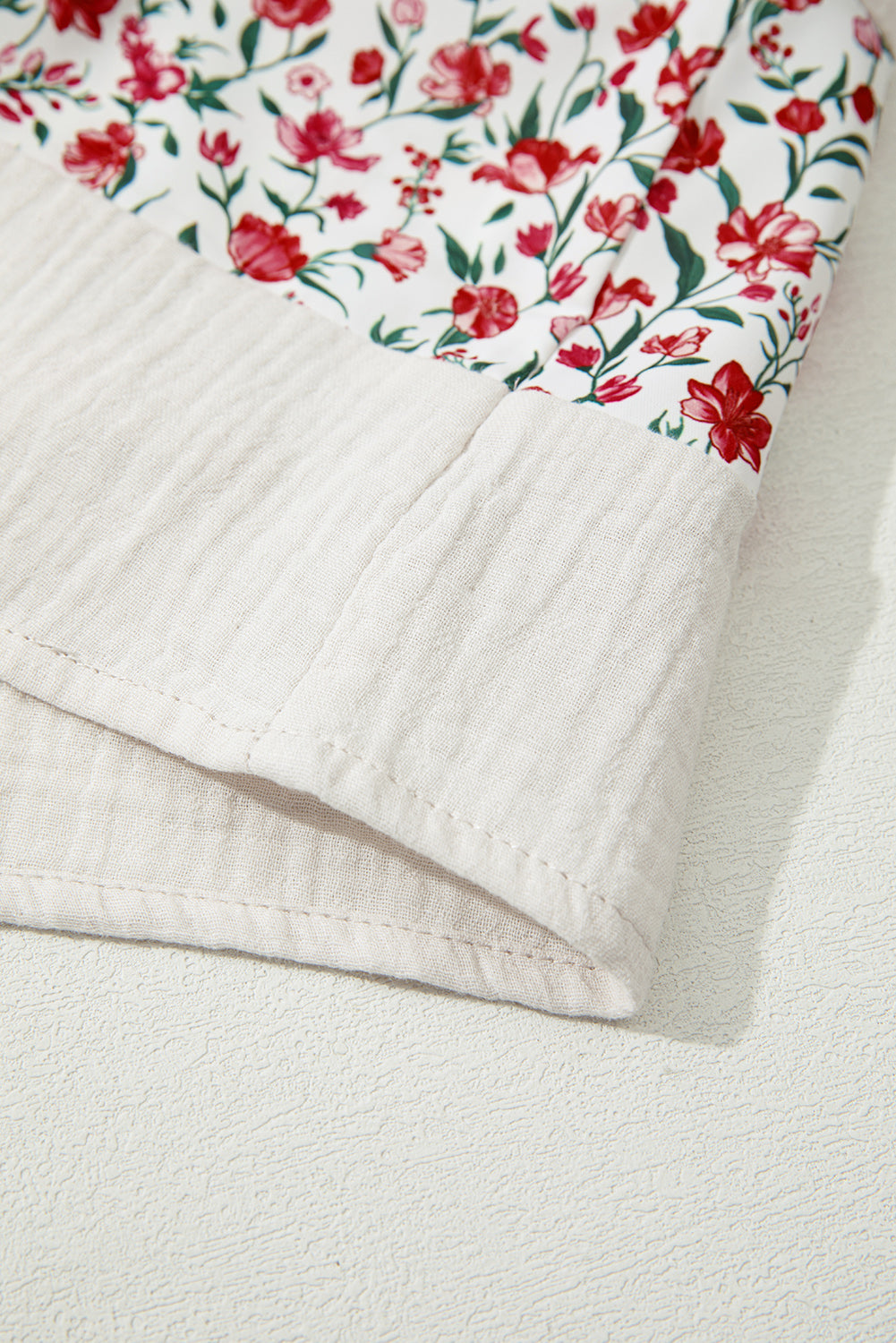 Red Floral Print Gauze Patchwork Henley Button 3/4 Sleeve Blouse-Tops/Blouses & Shirts-[Adult]-[Female]-2022 Online Blue Zone Planet