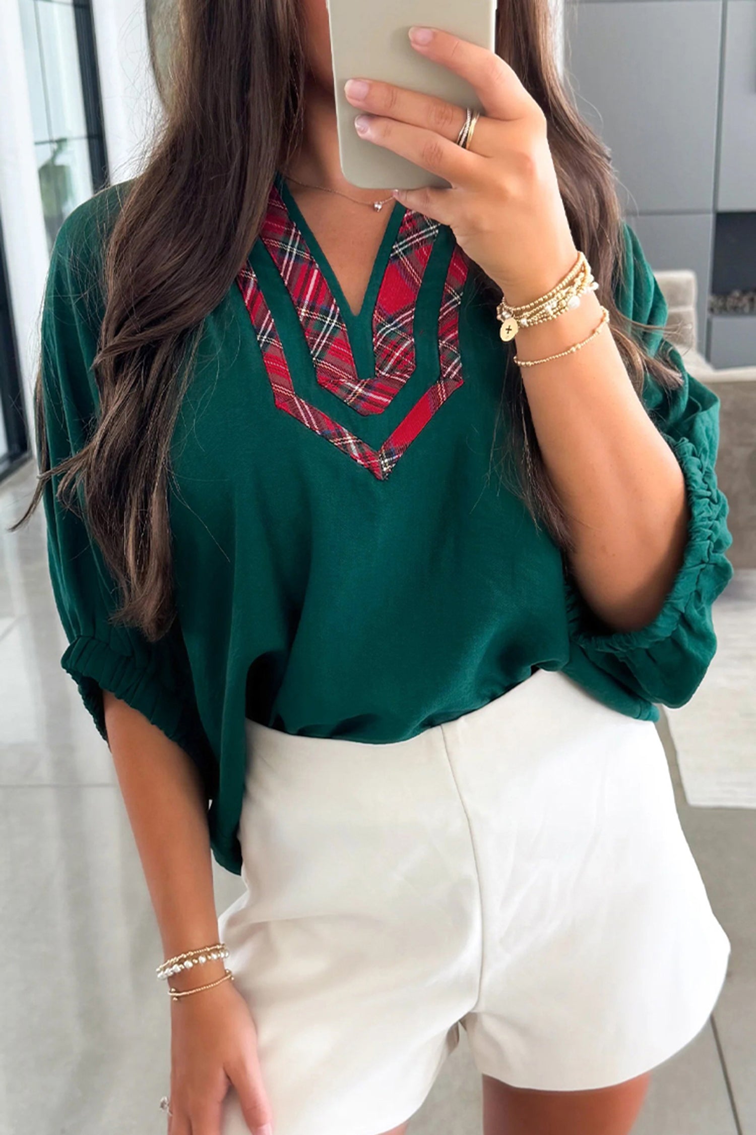 Evergreen Contrast Plaid Patchwork V Neck Half Sleeve Blouse-Tops/Blouses & Shirts-[Adult]-[Female]-Evergreen-S-2022 Online Blue Zone Planet