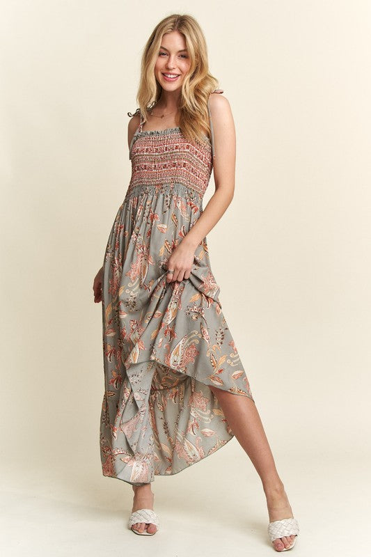 ADORA Smocked Printed Square Neck Tie Shoulder Cami Dress-TOPS / DRESSES-[Adult]-[Female]-SAGE-S-2022 Online Blue Zone Planet