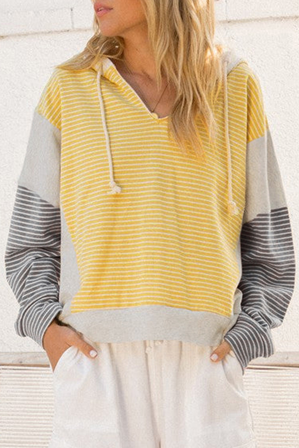 Yellow Stripe Color Block Drawstring V Neck Loose Fit Hooded Top-Tops/Sweatshirts & Hoodies-[Adult]-[Female]-Yellow Stripe-S-2022 Online Blue Zone Planet