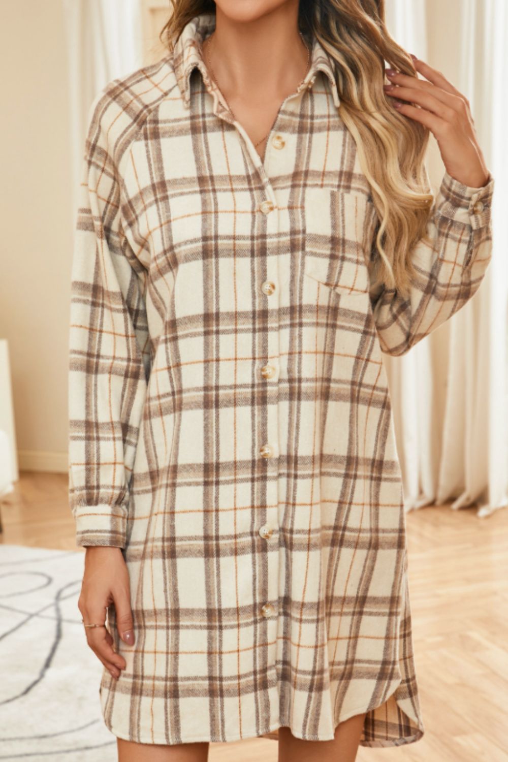 Blue Zone Planet | Plaid Collared Neck Long Sleeve Mini Shirt Dress-TOPS / DRESSES-[Adult]-[Female]-2022 Online Blue Zone Planet