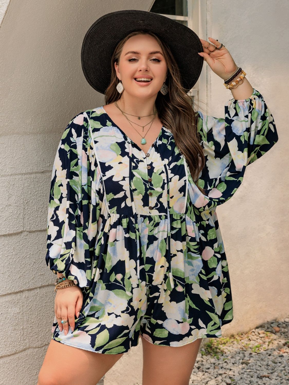 Blue Zone Planet | Plus Size Tied Printed Long Sleeve Romper-TOPS / DRESSES-[Adult]-[Female]-2022 Online Blue Zone Planet