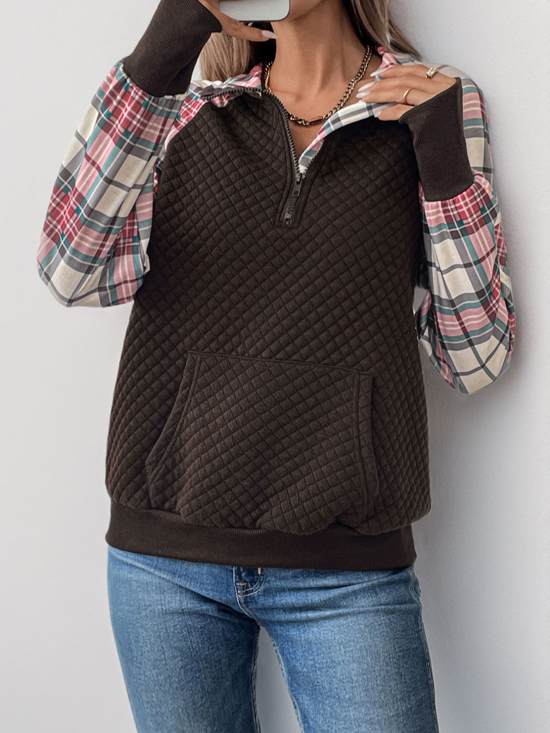 Perfee Plaid Half Zip Long Sleeve Sweatshirt-TOPS / DRESSES-[Adult]-[Female]-2022 Online Blue Zone Planet