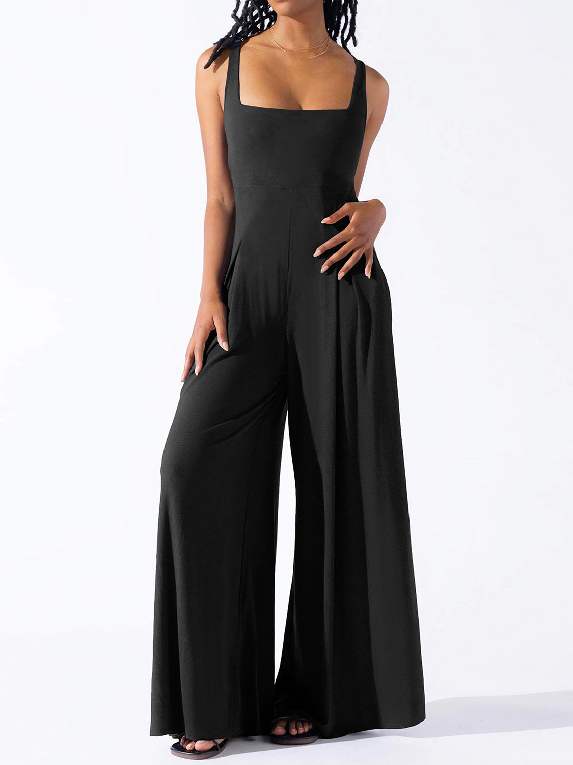 Square Neck Wide Strap Jumpsuit-[Adult]-[Female]-Black-S-2022 Online Blue Zone Planet