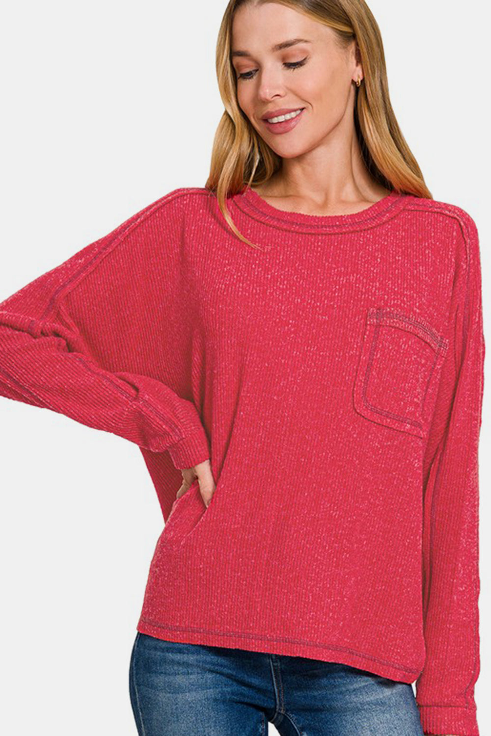 Zenana Full Size Contrast Stitching Brushed Ribbed Hacci Knit Top-TOPS / DRESSES-[Adult]-[Female]-Red-S/M-2022 Online Blue Zone Planet