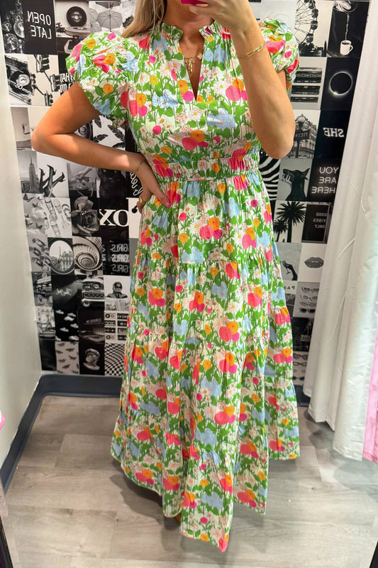 Green Floral Print V Neck Short Puff Sleeve Cotton Maxi Dress-Dresses/Floral Dresses-[Adult]-[Female]-Green-S-2022 Online Blue Zone Planet