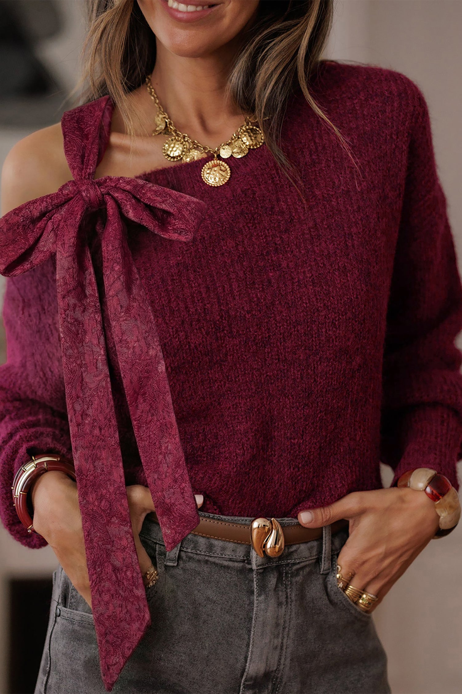 Burgundy Lace Bowknot Asymmetric Neck Sweater-TOPS / DRESSES-[Adult]-[Female]-2022 Online Blue Zone Planet