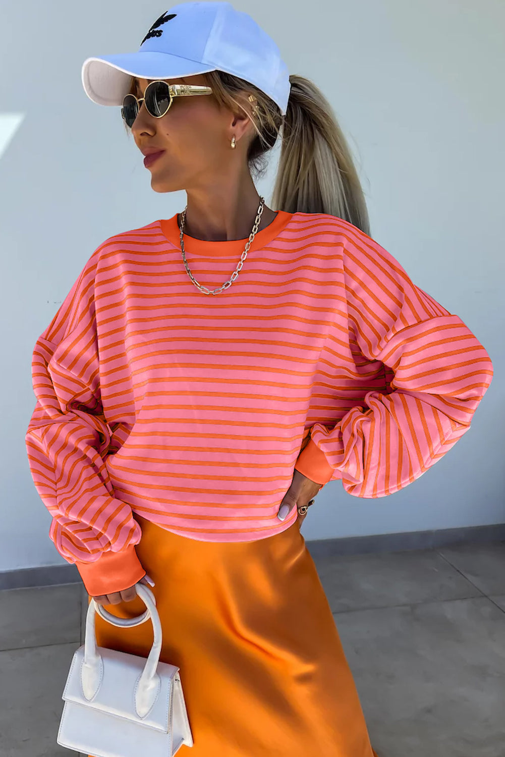 Blue Zone Planet | Orange Stripe Drop Shoulder Crew Neck Loose Sweatshirt-TOPS / DRESSES-[Adult]-[Female]-2022 Online Blue Zone Planet