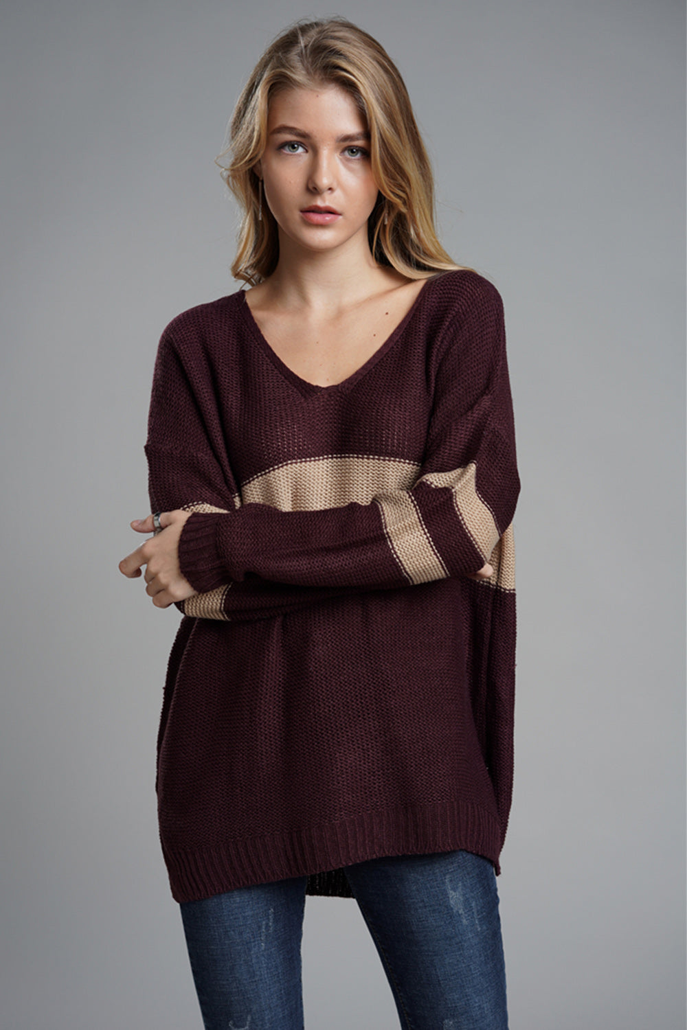 Slit Contrast V-Neck Long Sleeve Sweater-TOPS / DRESSES-[Adult]-[Female]-2022 Online Blue Zone Planet