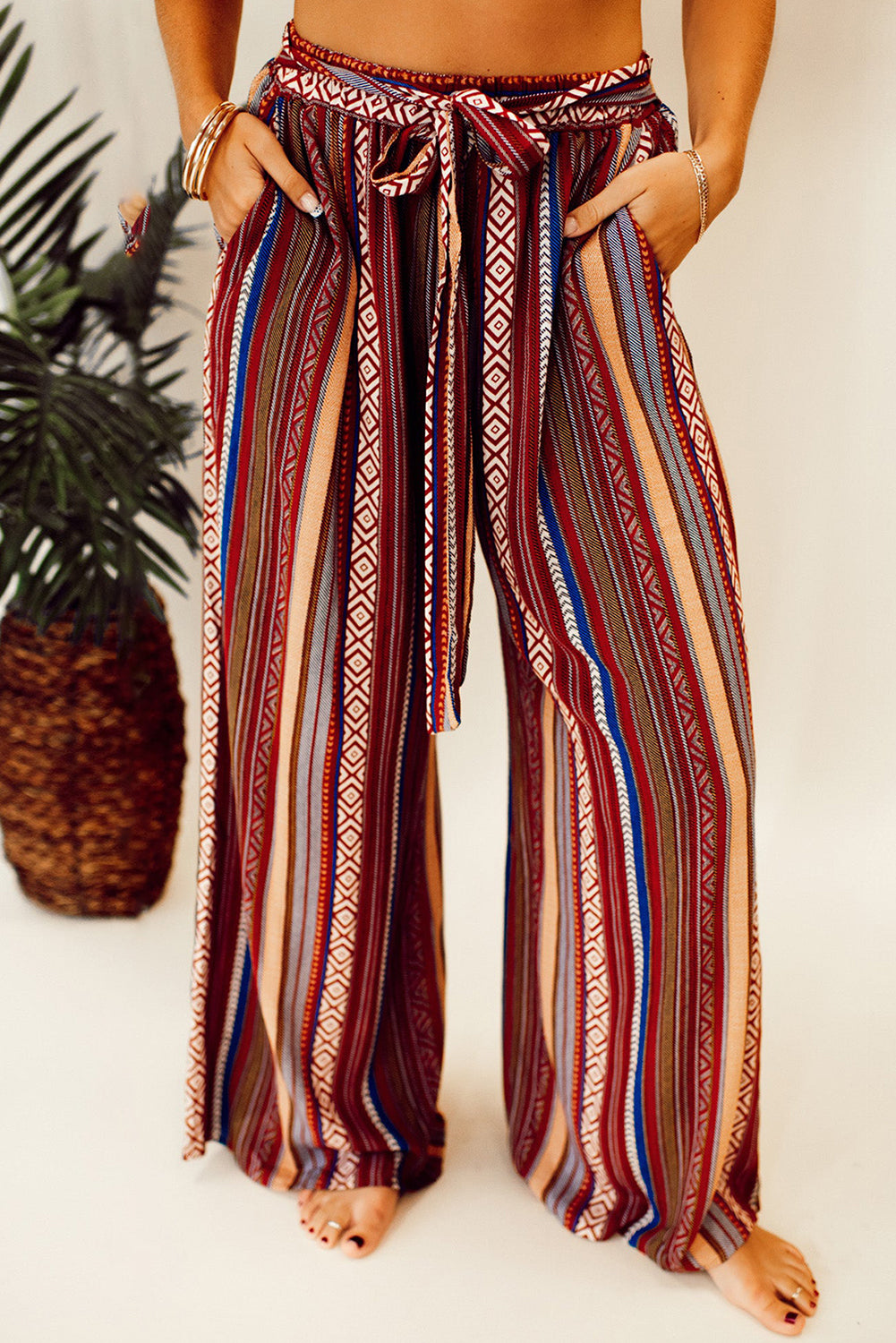 Red Boho Ethnic Striped Print Tie Waist Wide Leg Pants-Pants-[Adult]-[Female]-Red-S-2022 Online Blue Zone Planet