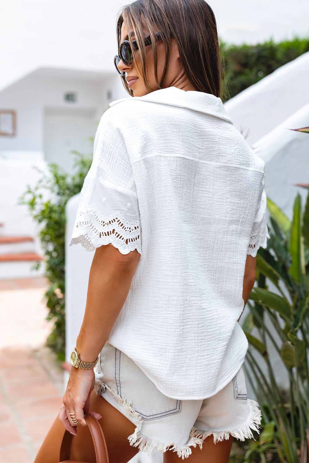 White Crinkled Lace Splicing Sleeve Collared V Neck Blouse-Tops/Blouses & Shirts-[Adult]-[Female]-2022 Online Blue Zone Planet