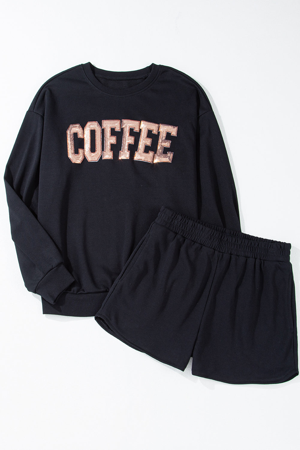 Straw Yellow Sequins COFFEE Loose Fit Sweatshirt and Shorts Set-Two Piece Shorts Sets-[Adult]-[Female]-2022 Online Blue Zone Planet