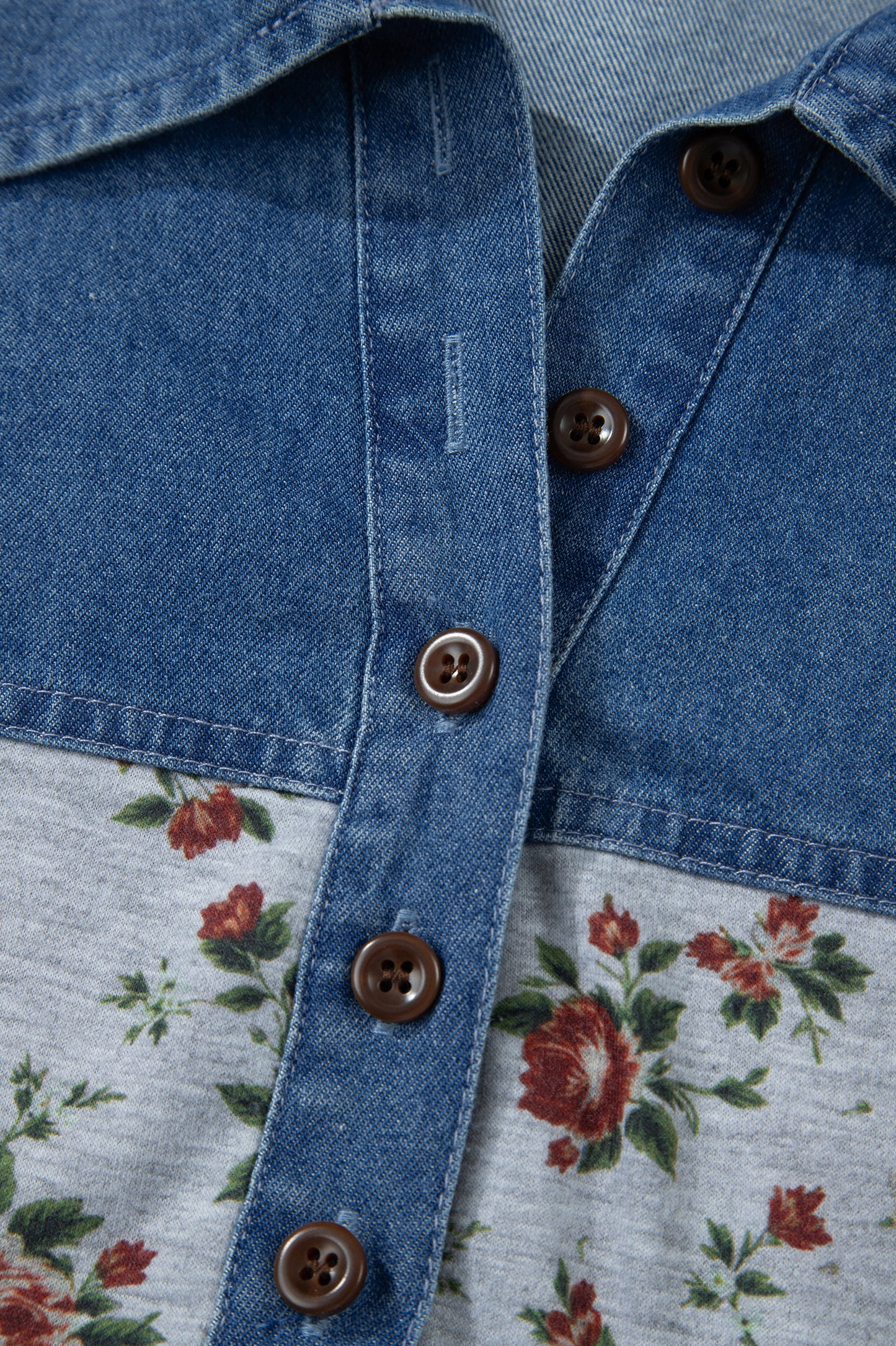 Gray Retro Floral Print Denim Patchwork Plus Size Polo Tee-Plus Size/Plus Size Tops/Plus Size Tops & Tees-[Adult]-[Female]-2022 Online Blue Zone Planet