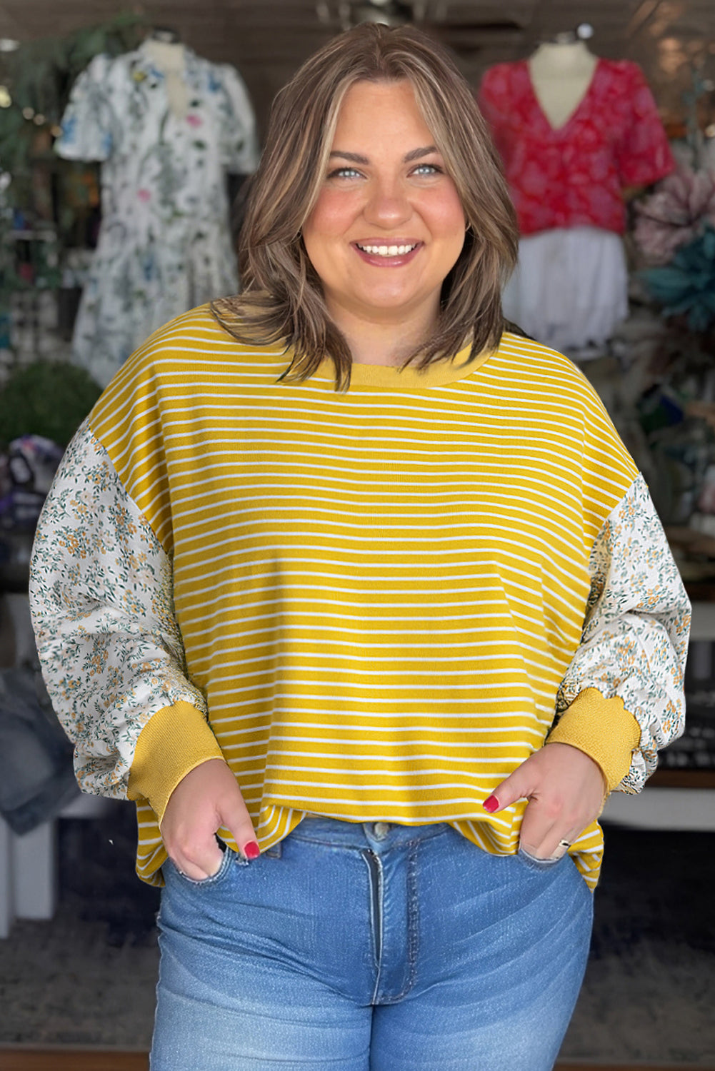 Yellow Stripe Striped Contrast Floral Sleeve Patchwork Plus Size Loose Top-Plus Size/Plus Size Tops/Plus Size Long Sleeve Tops-[Adult]-[Female]-2022 Online Blue Zone Planet