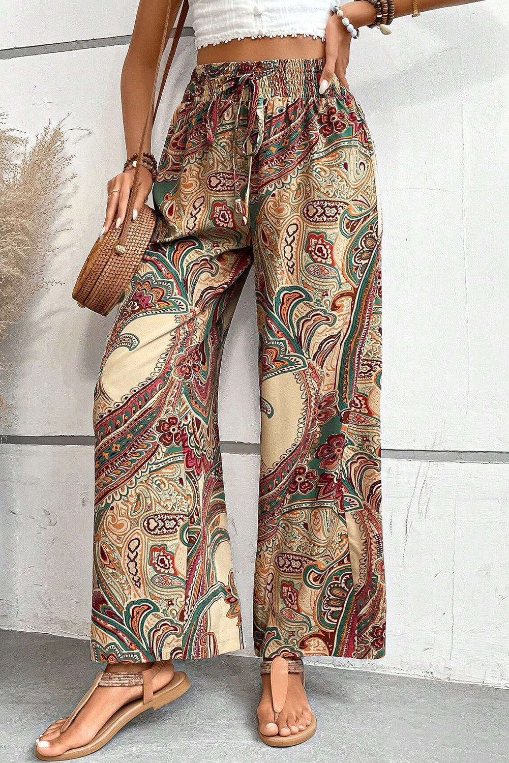 Khaki Paisley Print Boho Elastic Waist Wide Leg Pants-Bottoms/Pants & Culotte-[Adult]-[Female]-2022 Online Blue Zone Planet