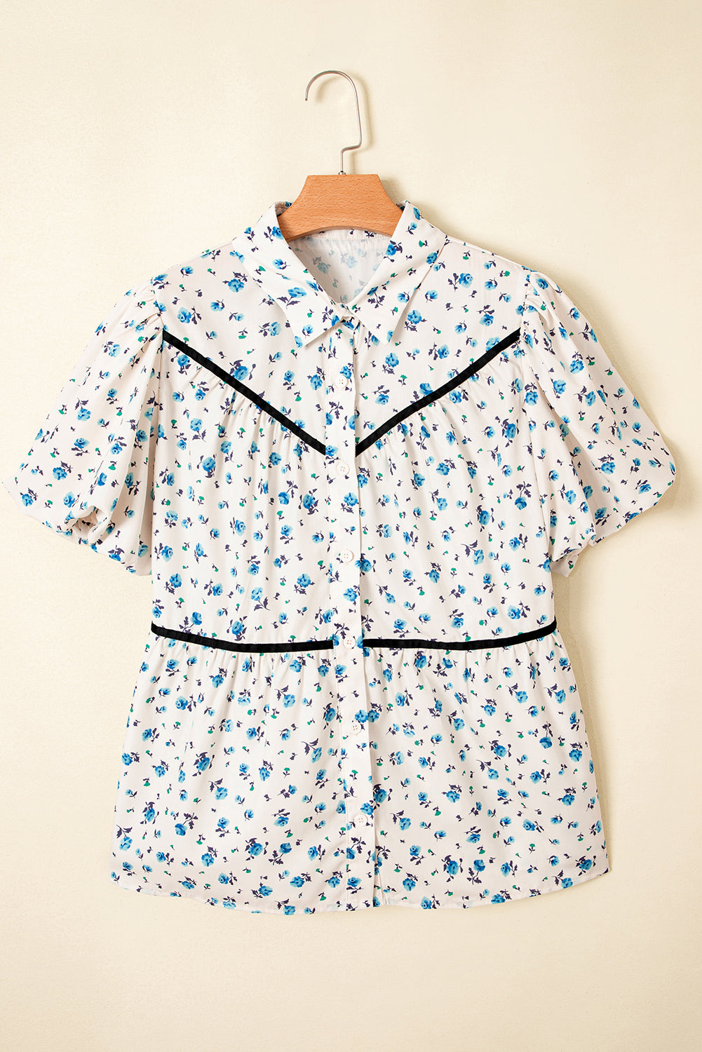 White Contrast Trim Floral Puff Short Sleeve Shirt-Tops/Blouses & Shirts-[Adult]-[Female]-2022 Online Blue Zone Planet