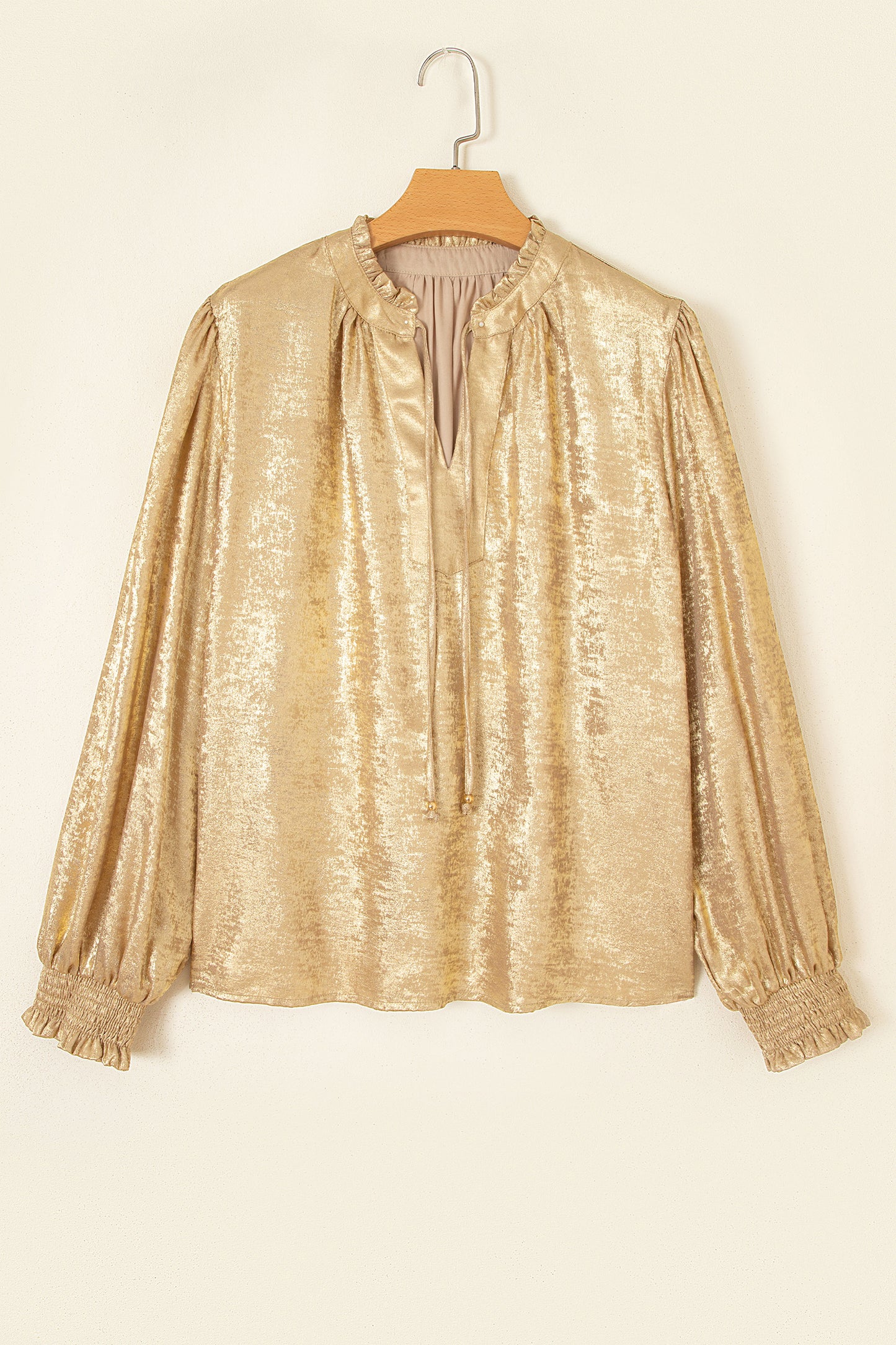 Gold Metallic Sheen V Neck Gathered Cuff Long Sleeve Blouse-Tops/Blouses & Shirts-[Adult]-[Female]-2022 Online Blue Zone Planet