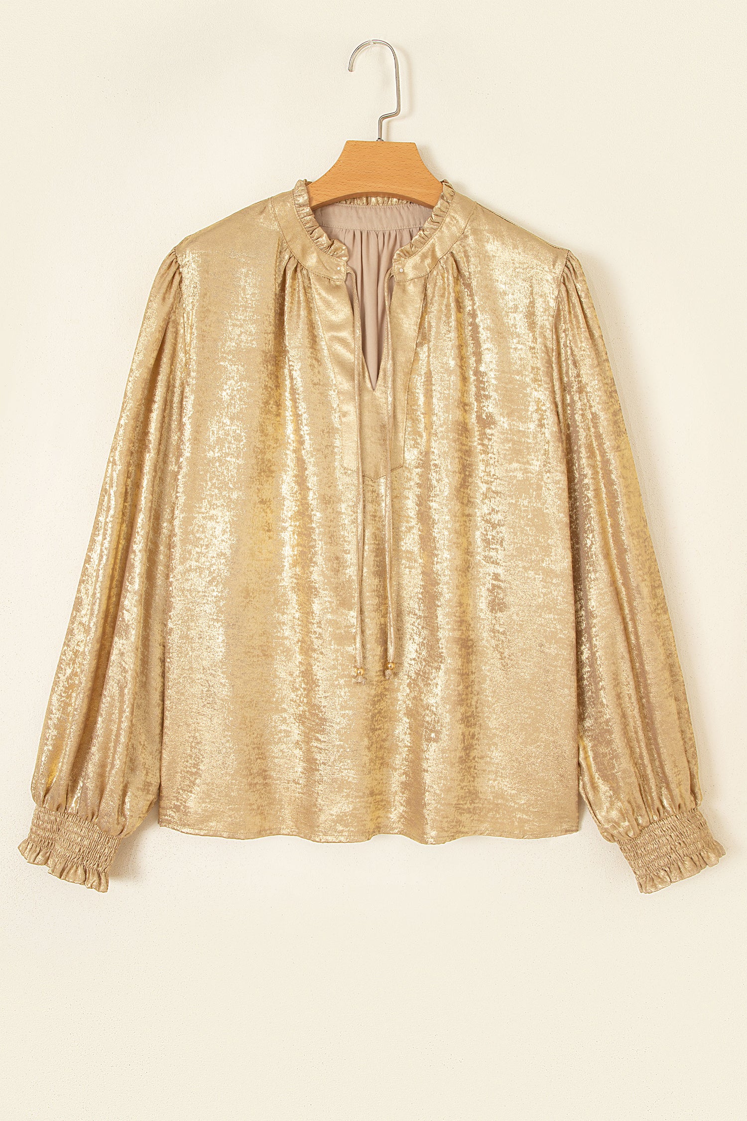 Gold Metallic Sheen V Neck Gathered Cuff Long Sleeve Blouse-Tops/Blouses & Shirts-[Adult]-[Female]-2022 Online Blue Zone Planet