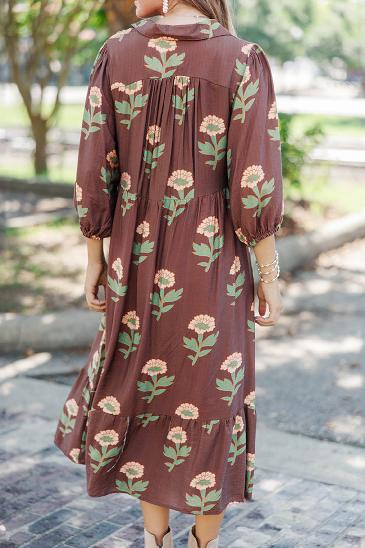Brown Floral Print V-Neck Long Sleeve Loose Shift Plus Size Dress-Plus Size/Plus Size Dresses/Plus Size Maxi Dresses-[Adult]-[Female]-2022 Online Blue Zone Planet