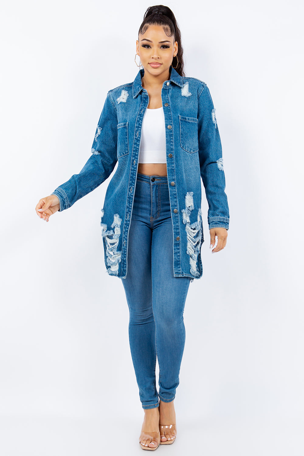 American Bazi Distressed Button Up Long Sleeve Denim Jacket-TOPS / DRESSES-[Adult]-[Female]-2022 Online Blue Zone Planet