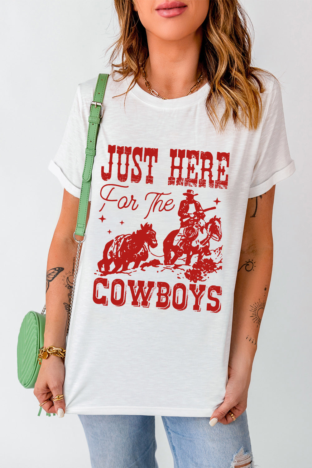 White Just Here For The Cowboy Cuffed Sleeve Crew Neck T Shirt
