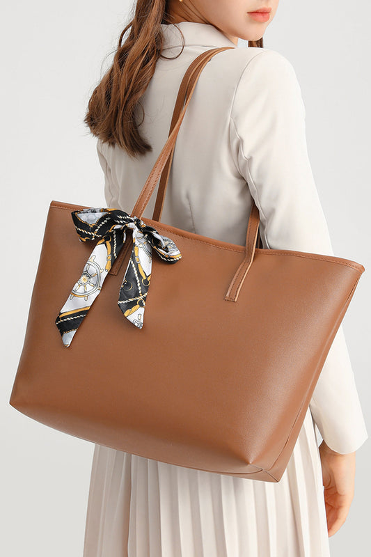 Chestnut Solid Color Large Capacity PU Leather Bag with Ribbon Detail-Shoes & Bags/Shoulder Bags-[Adult]-[Female]-Chestnut-ONE SIZE-2022 Online Blue Zone Planet
