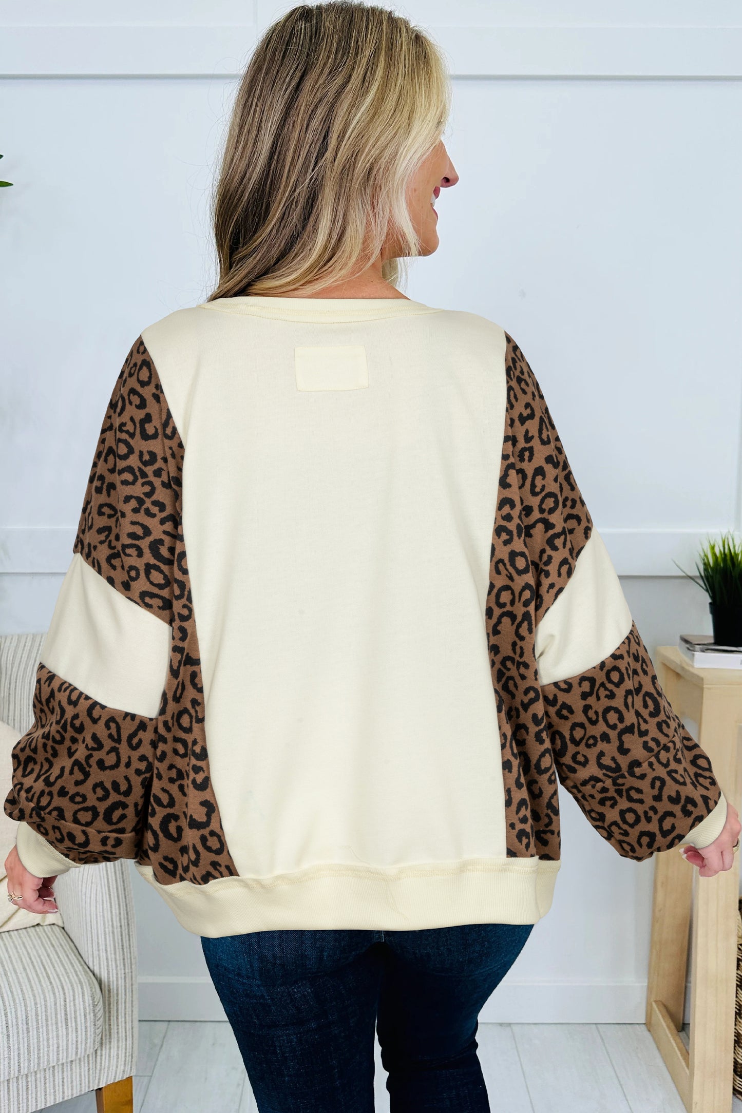 Beige Raw Seam Color Block Leopard Patchwork Baggy Long Sleeve Top-Tops/Long Sleeve Tops-[Adult]-[Female]-2022 Online Blue Zone Planet