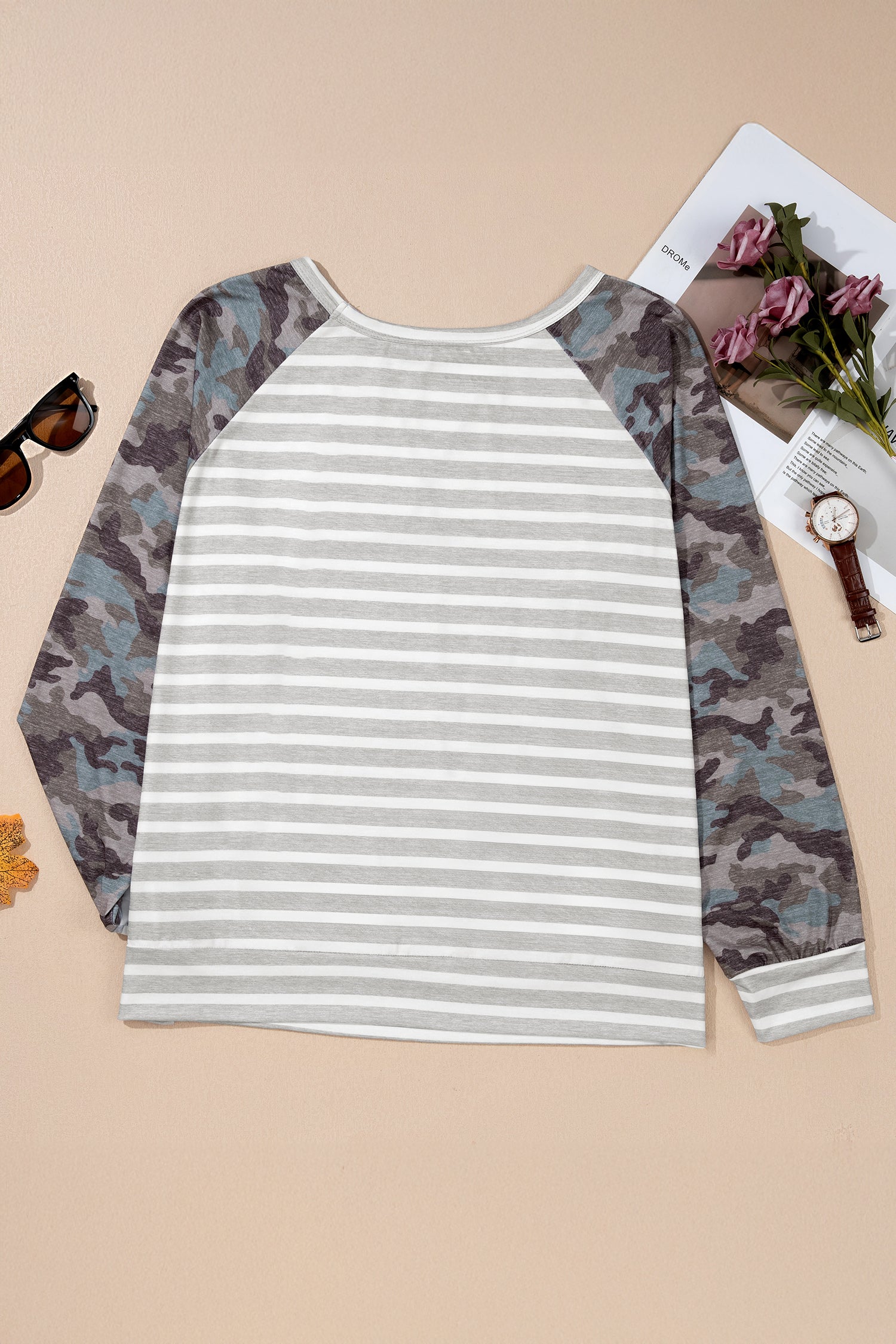 Gray Stripe Camo Sleeve Striped Colorblock Round Neck Long Sleeve Plus Size Blouse-Plus Size/Plus Size Tops/Plus Size Long Sleeve Tops-[Adult]-[Female]-2022 Online Blue Zone Planet