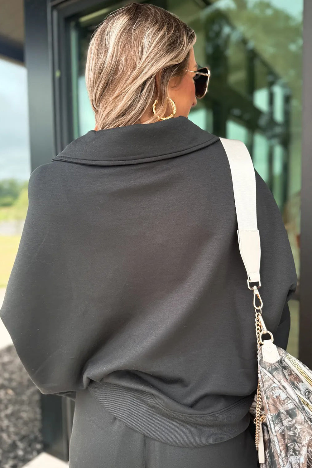 Bristol Black Collared V Neck Pullover Sweatshirt Sweatpants Set-Two Piece Sets/Pant Sets-[Adult]-[Female]-2022 Online Blue Zone Planet