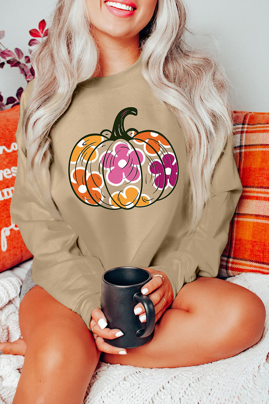 Khaki Halloween Floral Pumpkin Graphic Drop Shoulder Sweatshirt-Graphic/Graphic Sweatshirts-[Adult]-[Female]-Khaki-S-2022 Online Blue Zone Planet