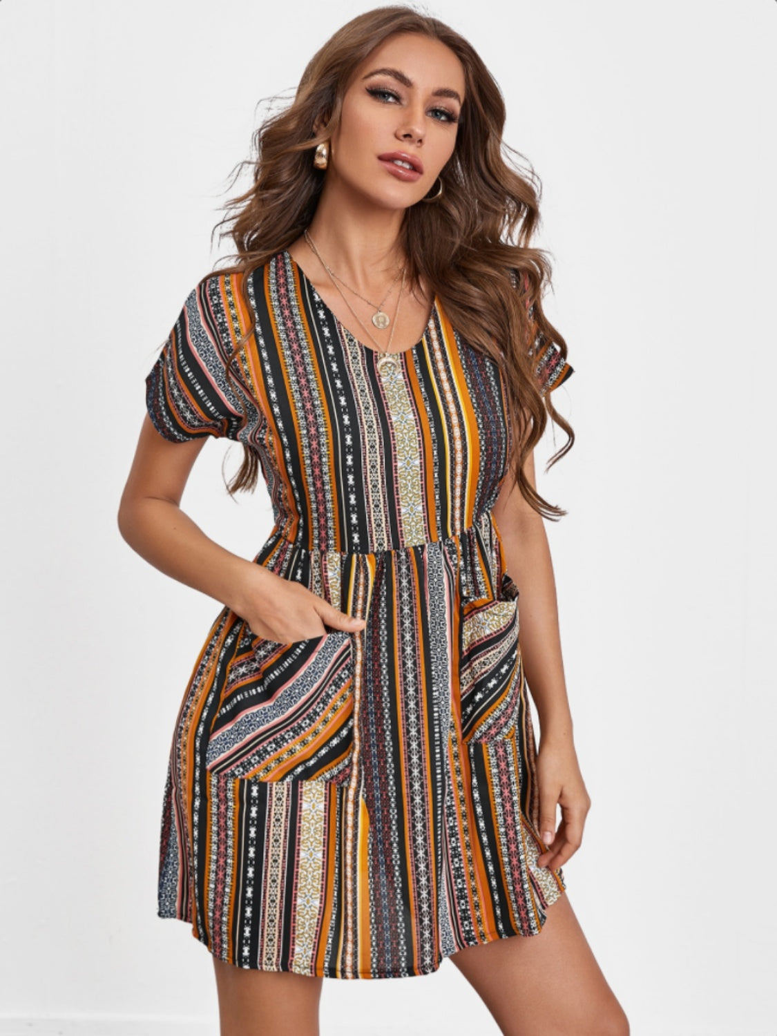 Pocketed Striped Short Sleeve Dress-TOPS / DRESSES-[Adult]-[Female]-2022 Online Blue Zone Planet