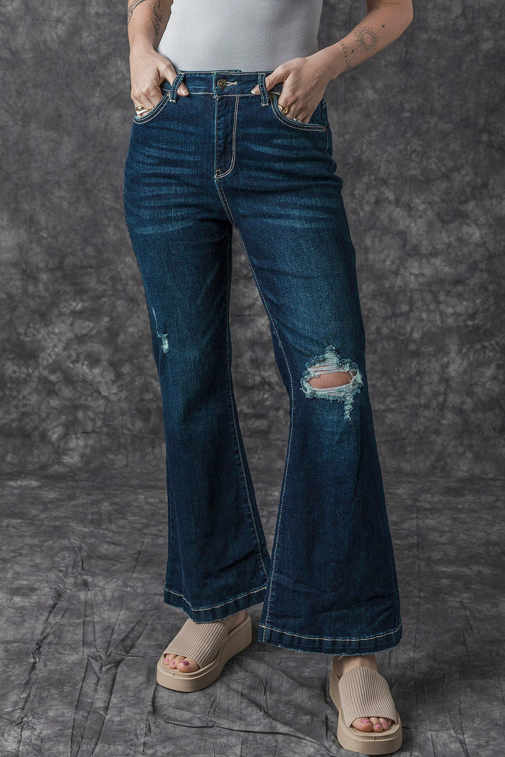 Real Teal High Rise Ripped Bell Bottom Jeans-Sale (50% OFF)/30% OFF-[Adult]-[Female]-2022 Online Blue Zone Planet