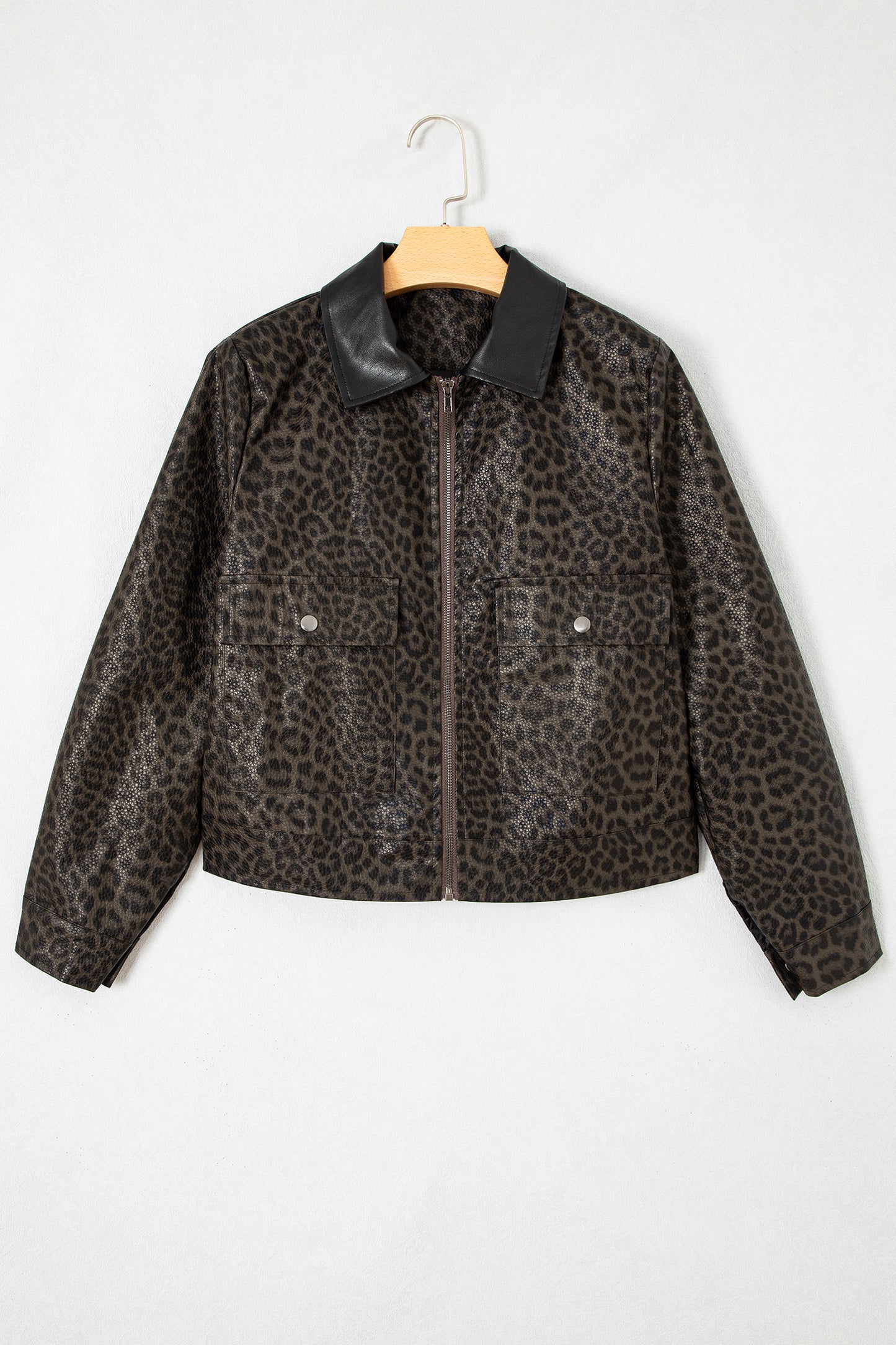 Multicolour Leopard Print Colorblock Collar Metal Placket Jacket-Outerwear/Jackets-[Adult]-[Female]-2022 Online Blue Zone Planet