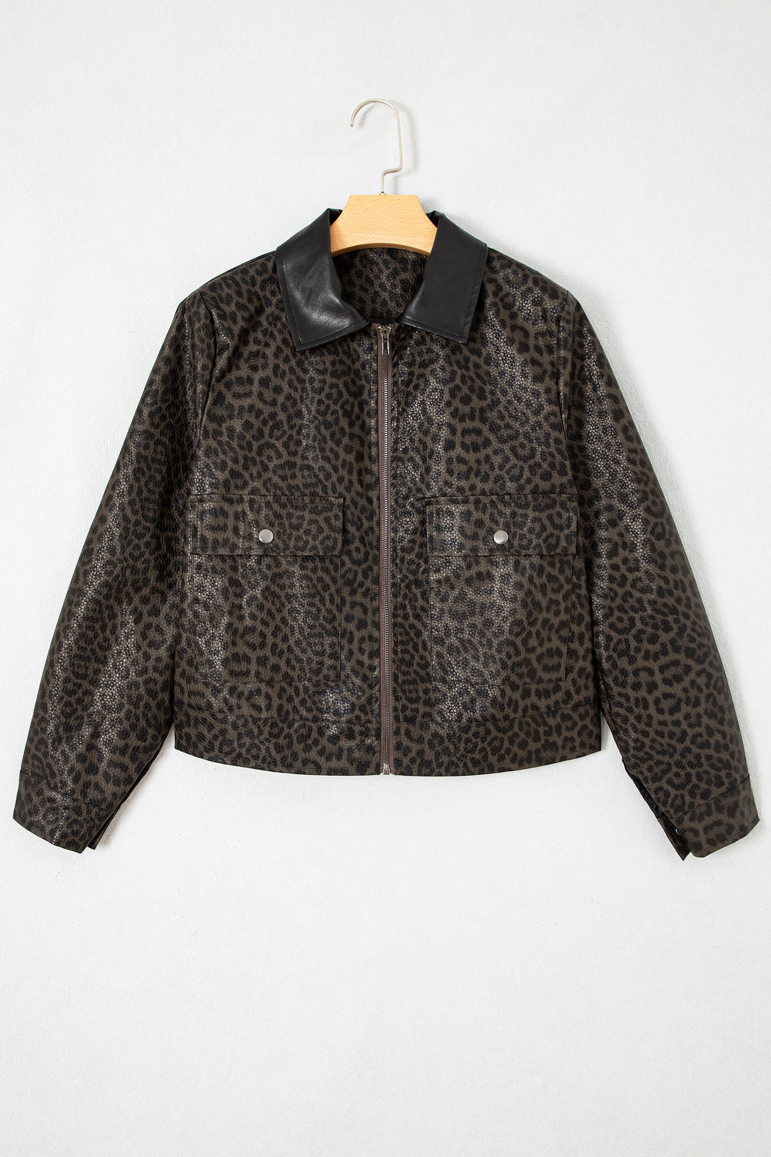 Multicolour Leopard Print Colorblock Collar Metal Placket Jacket-Outerwear/Jackets-[Adult]-[Female]-2022 Online Blue Zone Planet