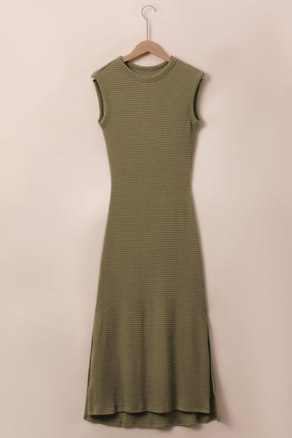 Jungle Green Waffle Knit Sleeveless Long Dress with Slits-Dresses/Maxi Dresses-[Adult]-[Female]-2022 Online Blue Zone Planet