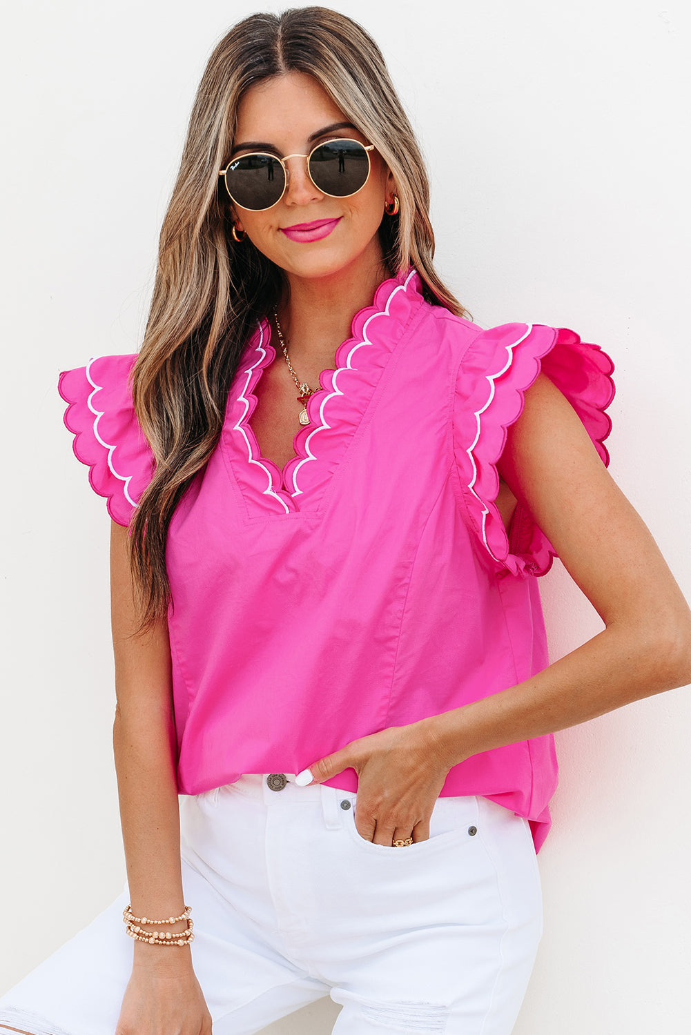 Bright Pink Contrast Scallop Trim Layered Short Sleeve V Neck Blouse-Tops/Blouses & Shirts-[Adult]-[Female]-2022 Online Blue Zone Planet