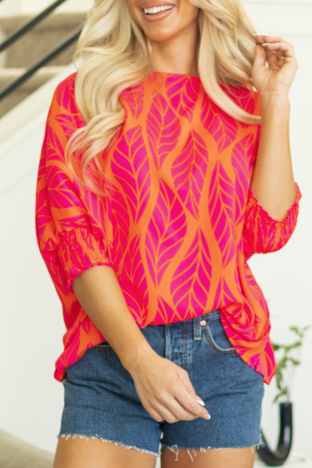 Blue Zone Planet | Rose Tropical Leaf Print Smocked Puff Sleeve Blouse-Tops/Blouses & Shirts-[Adult]-[Female]-2022 Online Blue Zone Planet