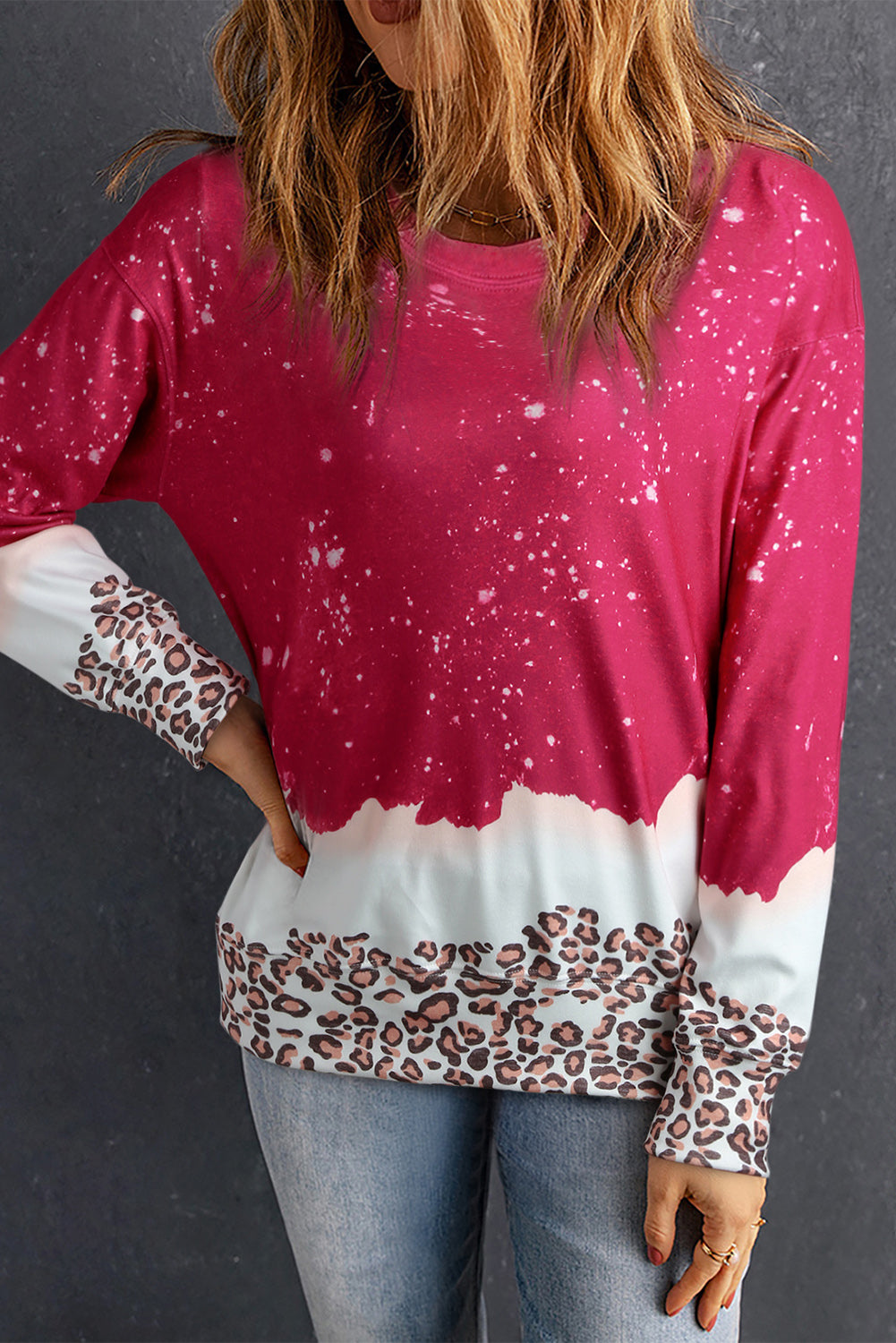 Fiery Red Leopard Bleached Pullover Sweatshirt-Tops/Sweatshirts & Hoodies-[Adult]-[Female]-2022 Online Blue Zone Planet