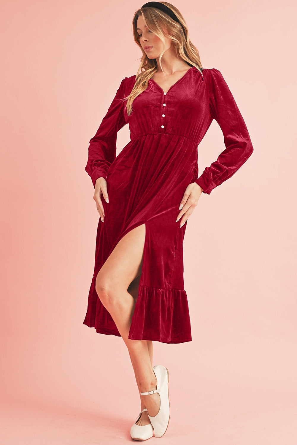 Blue Zone Planet | Black Velvet Buttoned Puff Sleeve V Neck Split Midi Dress-TOPS / DRESSES-[Adult]-[Female]-Racing Red-S-2022 Online Blue Zone Planet