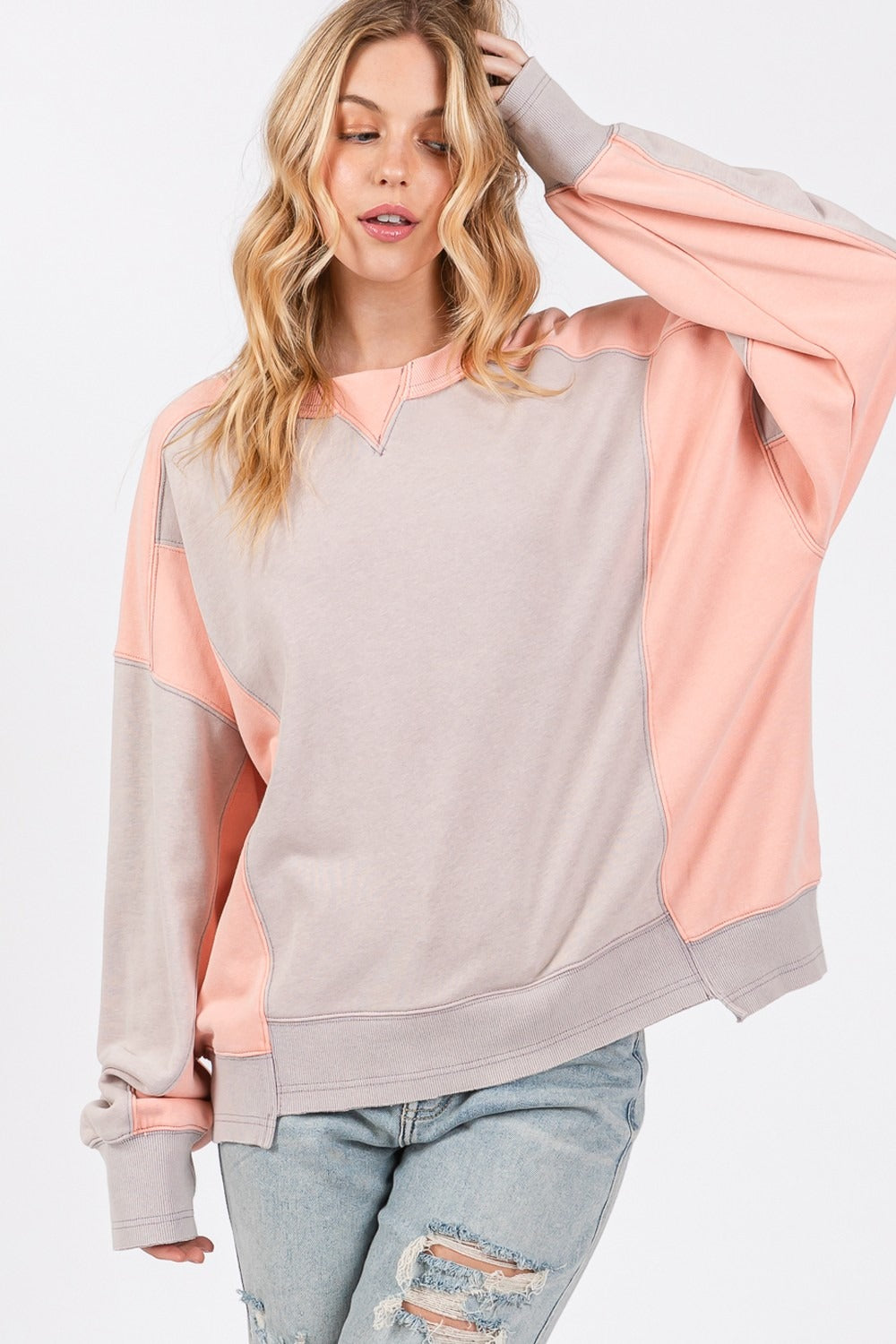 SAGE + FIG Color Block Round Neck Sweatshirt-TOPS / DRESSES-[Adult]-[Female]-2022 Online Blue Zone Planet