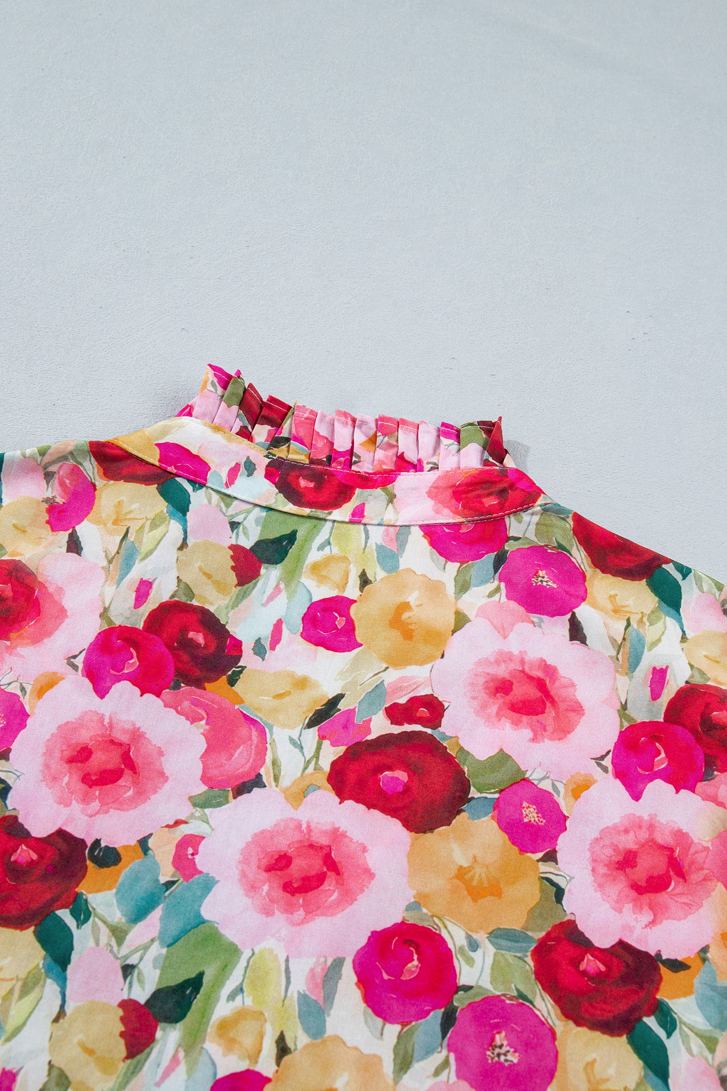 Pink Plus Size Flower Print Split V Neck Puff Short Sleeve Top-Plus Size/Plus Size Tops/Plus Size Blouses & Shirts-[Adult]-[Female]-2022 Online Blue Zone Planet